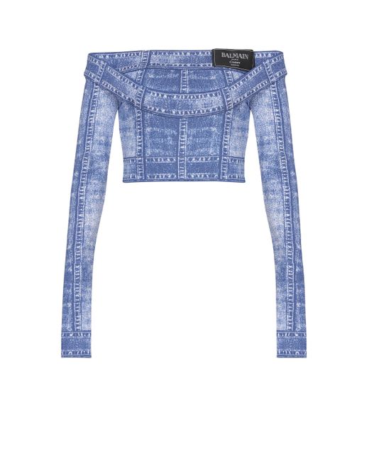 Top En Denim Trompe-L'Œil, Double Col, Manches Longues Balmain en coloris Blue