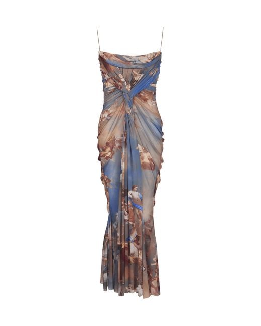 Balmain Multicolor Sky Printed Draped Tulle Maxi Dress
