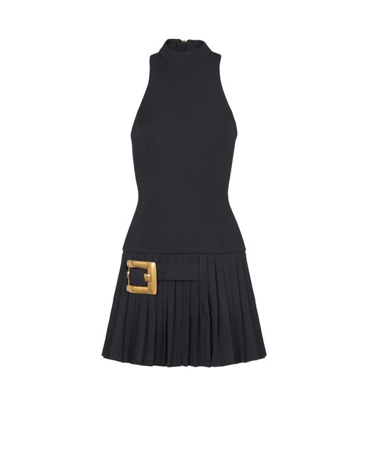 Balmain Blue Flared Grain De Poudre Dress With Belt Detail