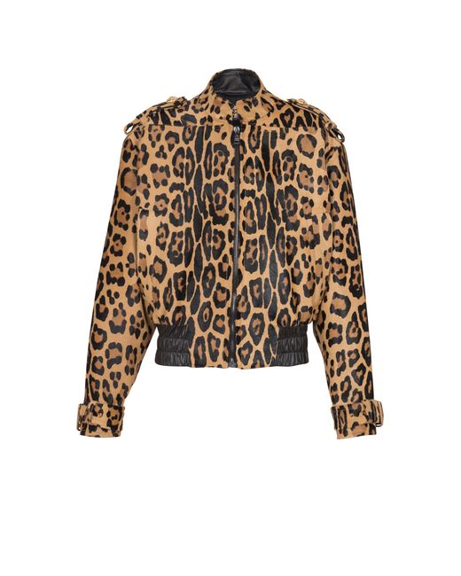Balmain Black Leopard Patterned Ponyskin-Style Leather Bomber Jacket