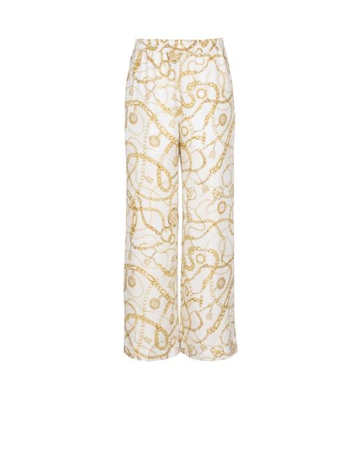 Balmain White Flowing Printed Silk Trousers With Chains Pattern