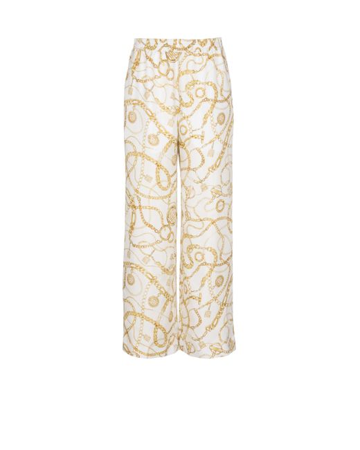 Balmain White Flowing Printed Silk Trousers With Chains Pattern