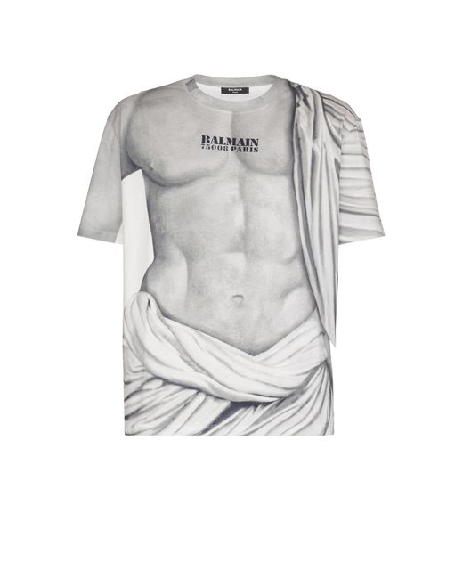 Balmain Gray Logo T-Shirt With Statue Print for men