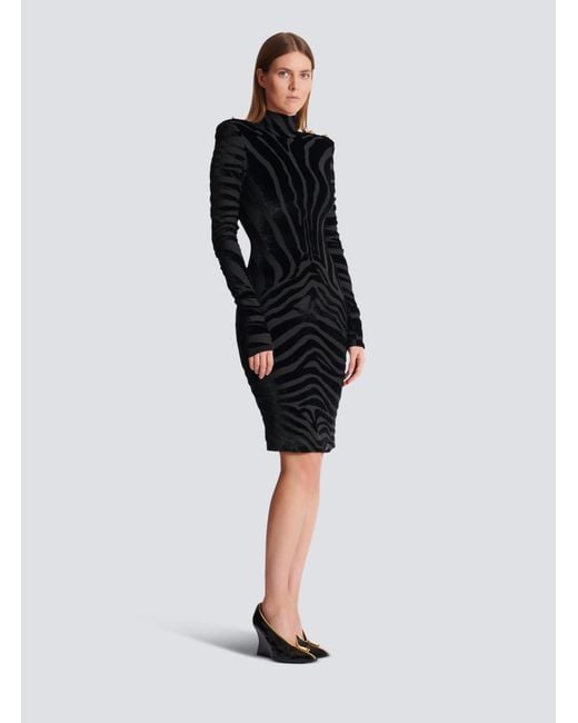 Balmain Black Short Zebra-Print Velvet Dress