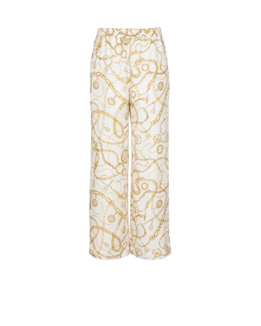 Balmain White Flowing Printed Silk Trousers With Chains Pattern