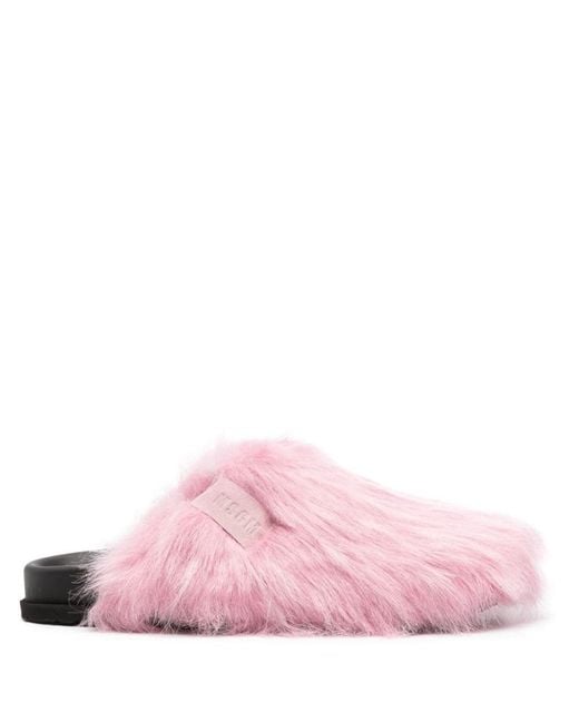 MSGM Pink Logo-patch Brushed Leather Mules