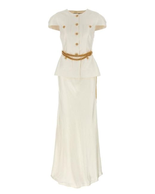 Self-Portrait White Cream Taffeta Chain Belt Maxi' Dress