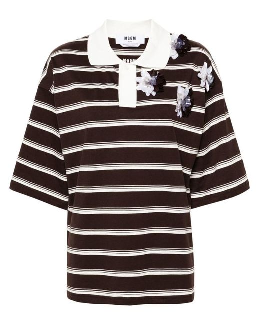 MSGM Black Striped Cotton Polo Shirt With Applied Flowers