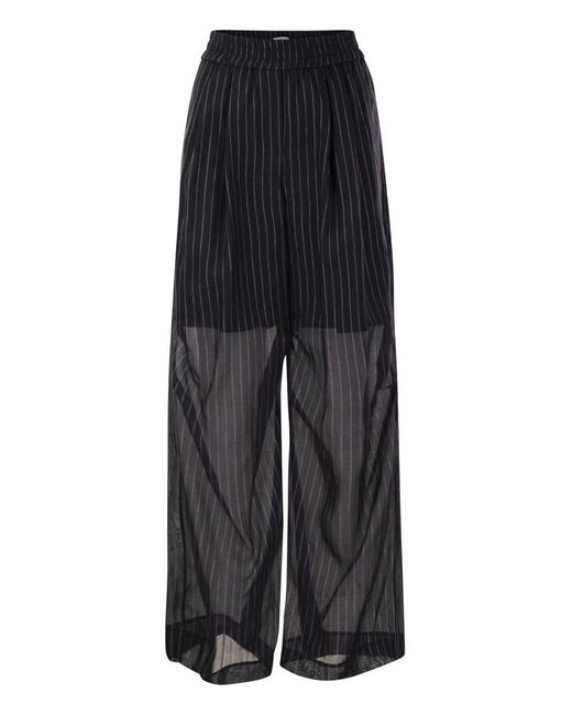 Brunello Cucinelli Black Sparkling Stripe Cotton Gauze Loose Trousers