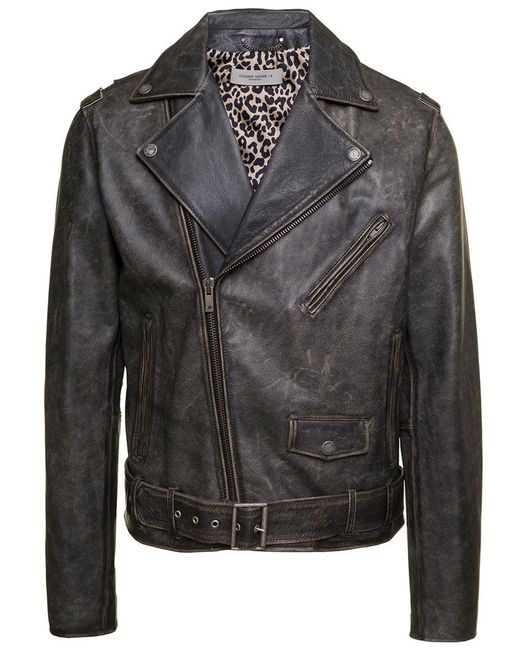 Golden Goose Deluxe Brand Black Biker Jacket With Leopard Lining Leather for men