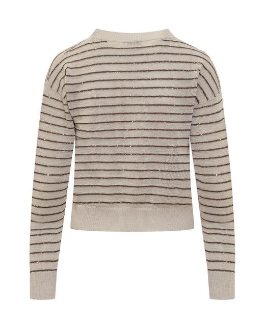 Brunello Cucinelli White Dazzling Stripes Cotton Sweater