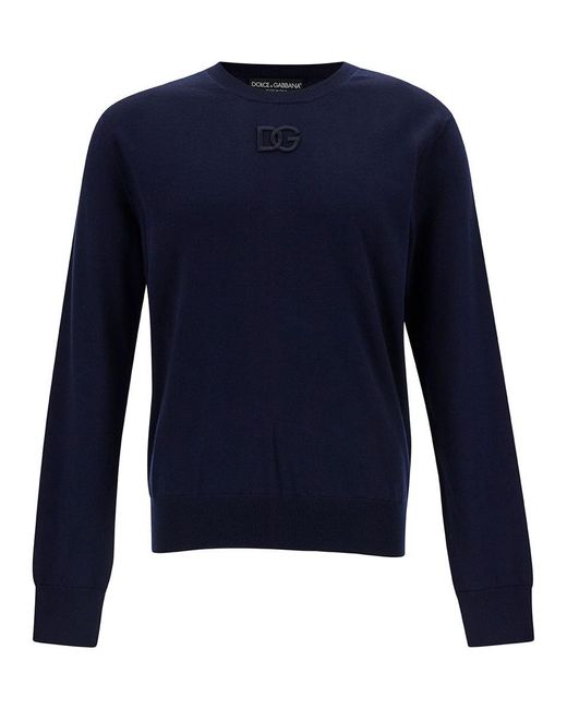 Dolce & Gabbana Blue Crewneck Sweater With Tonal Logo Embroidery In Wool Man for men