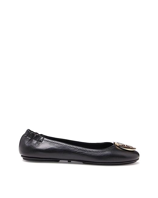 Tory Burch Black Leather Minnie Travel Ballerina Shoes