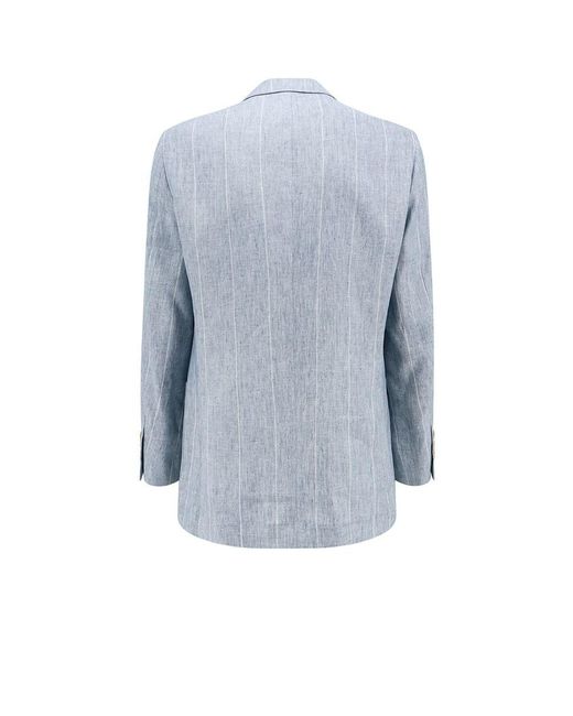 Brunello Cucinelli Blue Linend Striped Double-Breasted Suit for men
