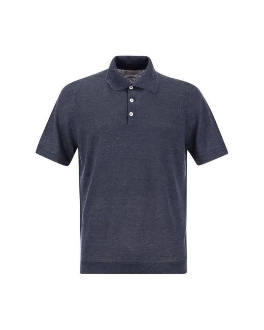 Brunello Cucinelli Blue Linen And Cotton Knit Polo Shirt for men