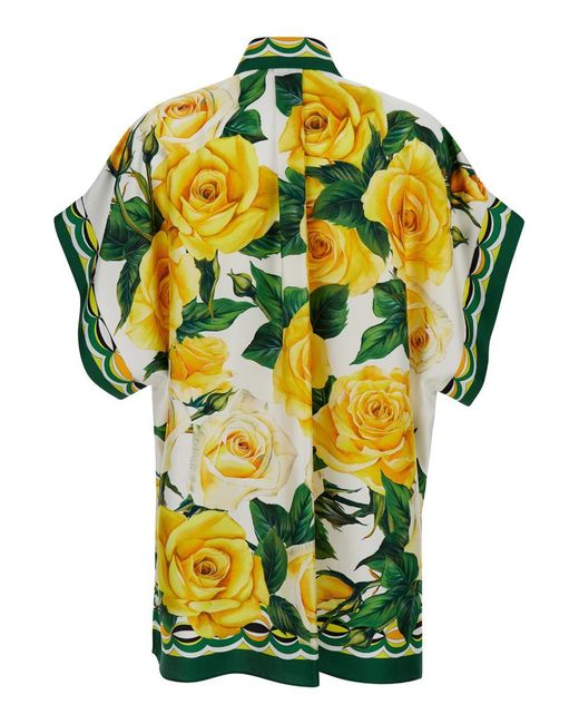 Dolce & Gabbana Yellow Oversize Shirt With Flower Print All-Over
