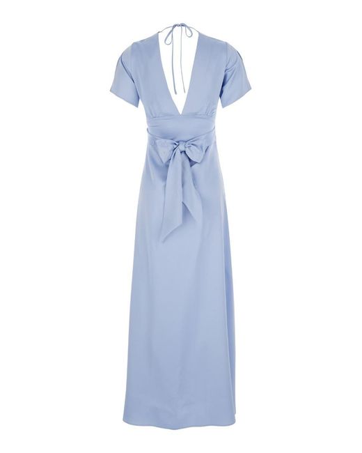 Plain Blue Short Sleeves Long Dress