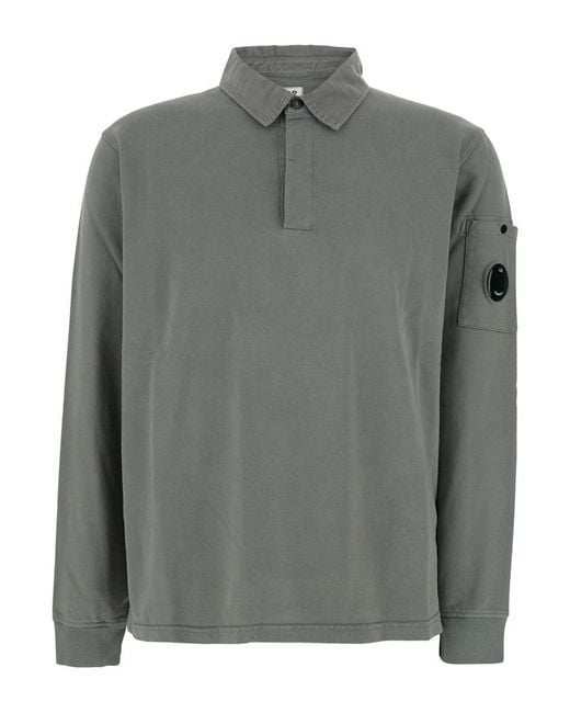 C P Company Gray Sweatshirt With Polo Shirt Style Collar And Logo Plaque On The Sleeve for men