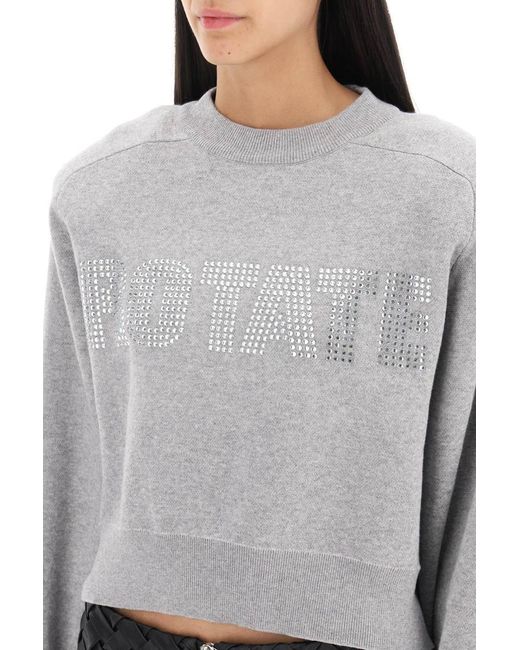 ROTATE BIRGER CHRISTENSEN Gray Rotate Cropped Sweater With Rhinestone-studded Logo