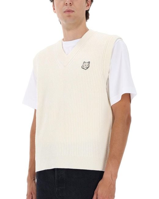 Maison Kitsuné White Ribbed Vest With Fox Patch for men