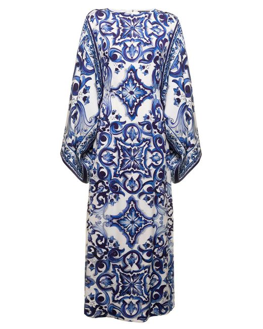 Dolce & Gabbana Blue Dolce & Gabbana Woman's Long Tunic Dress With Majolica Silk Twill Print