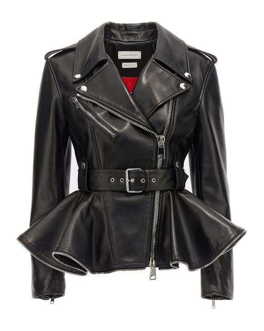 Alexander McQueen Peplum Leather Biker Jacket in Black | Lyst