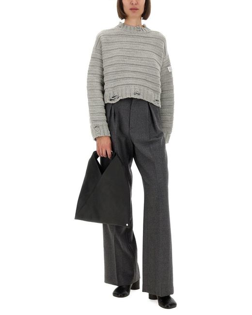 MM6 by Maison Margiela Gray Cropped Textured Knit Pullover With Distressed Hem