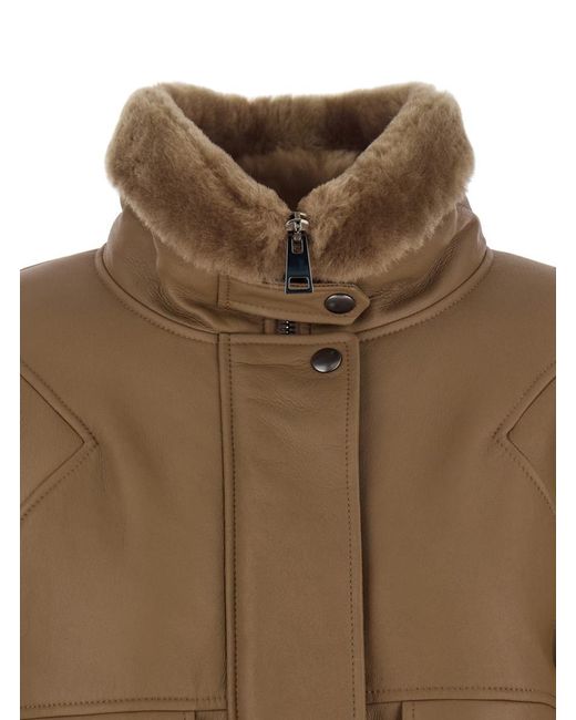 Blancha Brown Bomber Jacket With Fur Collar And Patch Pockets