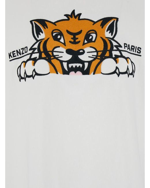 KENZO White 'Gots Happy Tiger' Crewneck T-Shirt With Maxi Logo Embroidery On The Front And Logo Lettering On The Rear for men