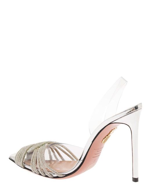 Aquazzura Metallic 'gatsby Sling' Silver Pumps With Crystals Knot Detail In Clear Pvc Woman
