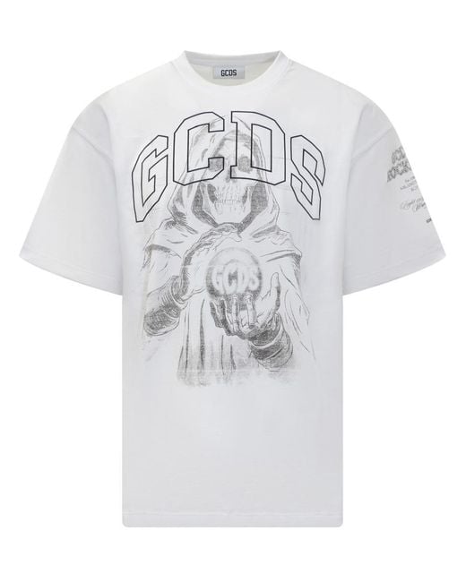 Gcds White T-Shirt With Grim Reaper Print for men