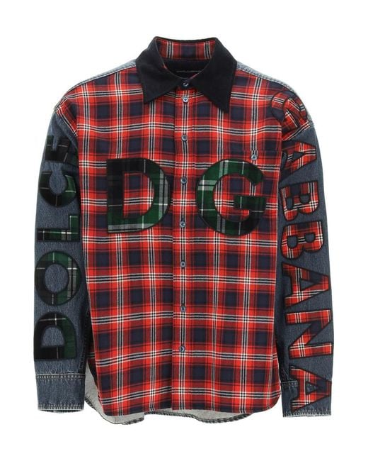 Dolce & Gabbana Red Oversized Denim And Flannel Shirt With Logo for men
