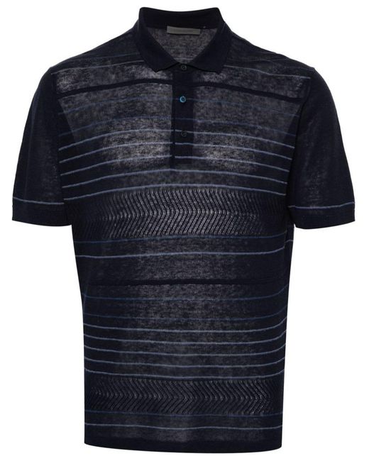 Corneliani Blue Fine-knit Striped Polo Shirt for men