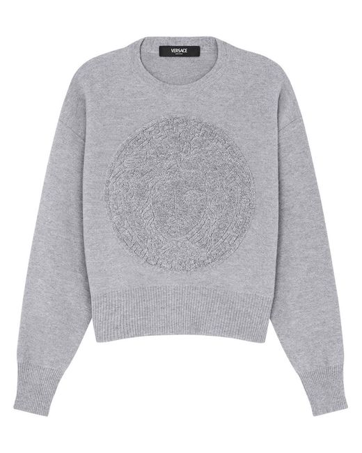 Versace Gray Virgin Wool And Cashmere Sweater With Front Medusa Embroidery