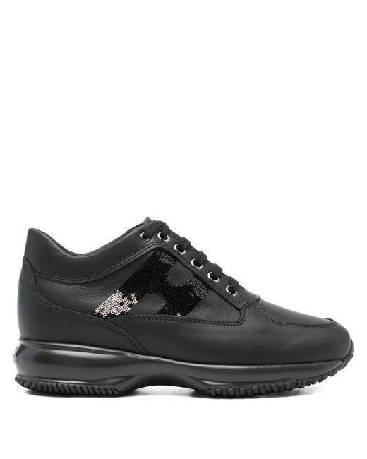 Hogan Black Interactive Sequin-Panel Leather Trainers