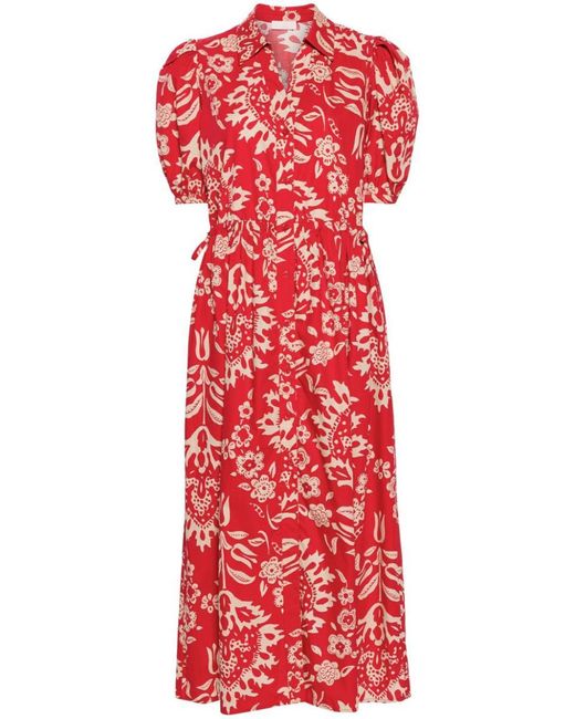Liu Jo Red Cotton Midi Dress With Floral Print