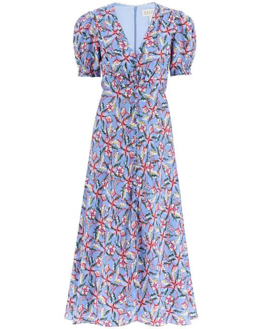 Saloni Blue 'lea' Long Dress In Printed Silk
