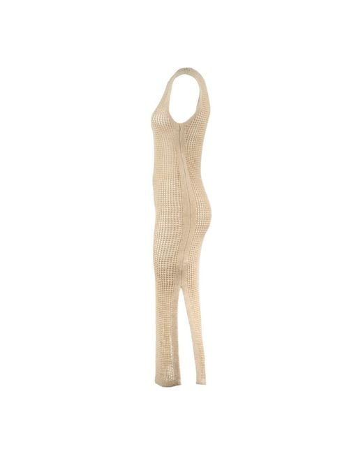 Mc2 Saint Barth Natural Beige Lurex Crochet Mesh Long Dress