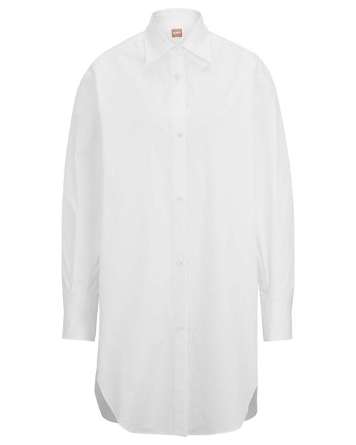 Boss White Longline Blouse In Cotton Poplin With Point Collar