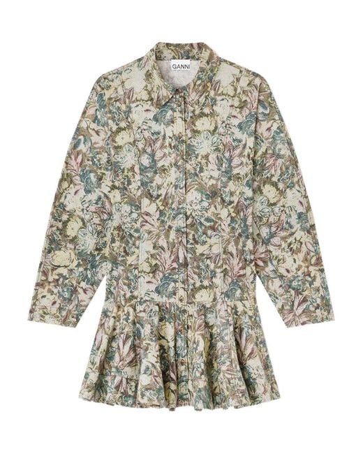 Ganni White Short Dress With Floral Pattern