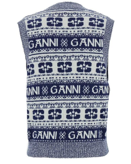 Ganni Multicolor Logo-intarsia V-neck Wool-blend Vest
