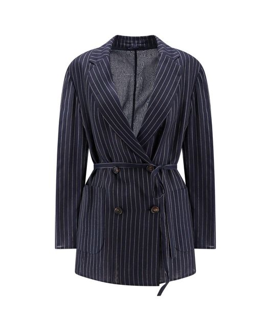 Brunello Cucinelli Blue Sparkling Stripe Cotton Gauze Jacket With Belt And Necklace