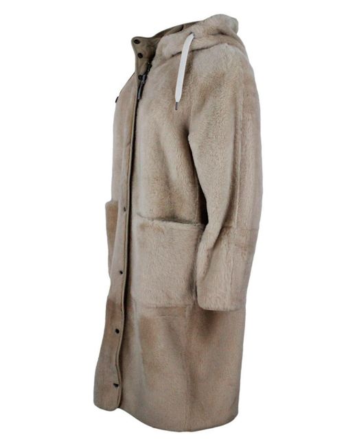 Brunello Cucinelli Reversible Coat In Soft Shearling With Hood in Natural |  Lyst