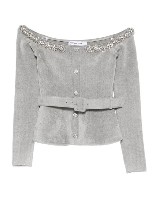Self-Portrait Gray Chenille Knit Crystal Trim Top