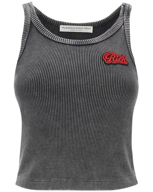 Alessandra Rich Gray Ribbed Tank Top With Logo Patch