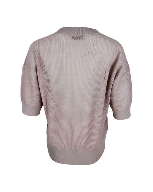 Fabiana Filippi Gray Short-sleeved Round-neck Cotton Blend Sweater With Openwork And Monili On The Neck