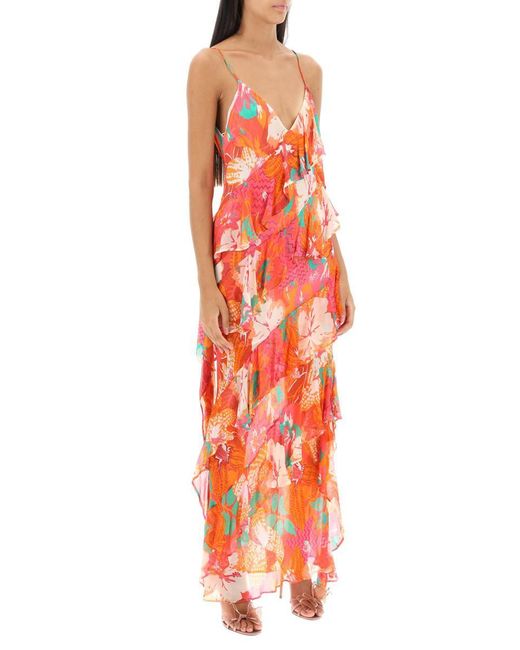 MSGM Red Maxi Frilled Dress With Tropical Motif