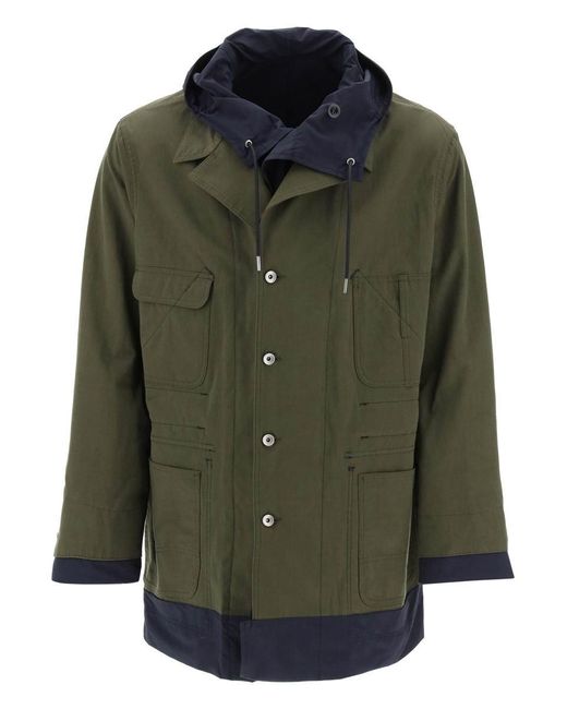 Sacai Green Reversible Cotton Blend Overcoat With for men