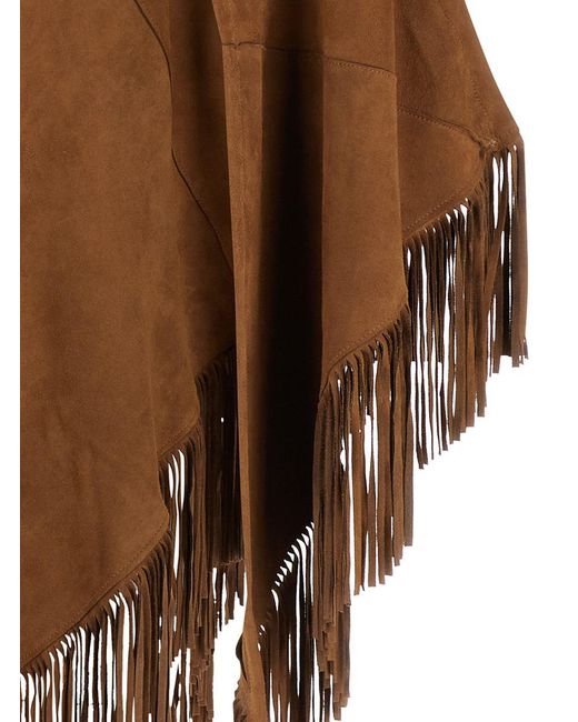 Plain 'elena' Brown Cape With Fringes In Suede Woman