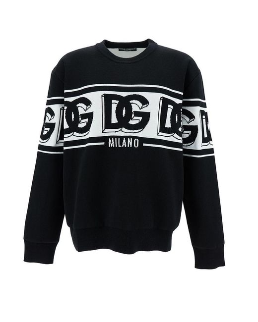 Dolce & Gabbana Blue Black Crewneck Sweater With Dg Motif In Wool Blend Man for men